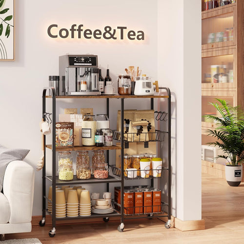 Rolling Kitchen Microwave Cart - 4 Tier Microwave Table Stand with Pull-Out Baskets, Coffee Bar Baker's Rack with Wheels