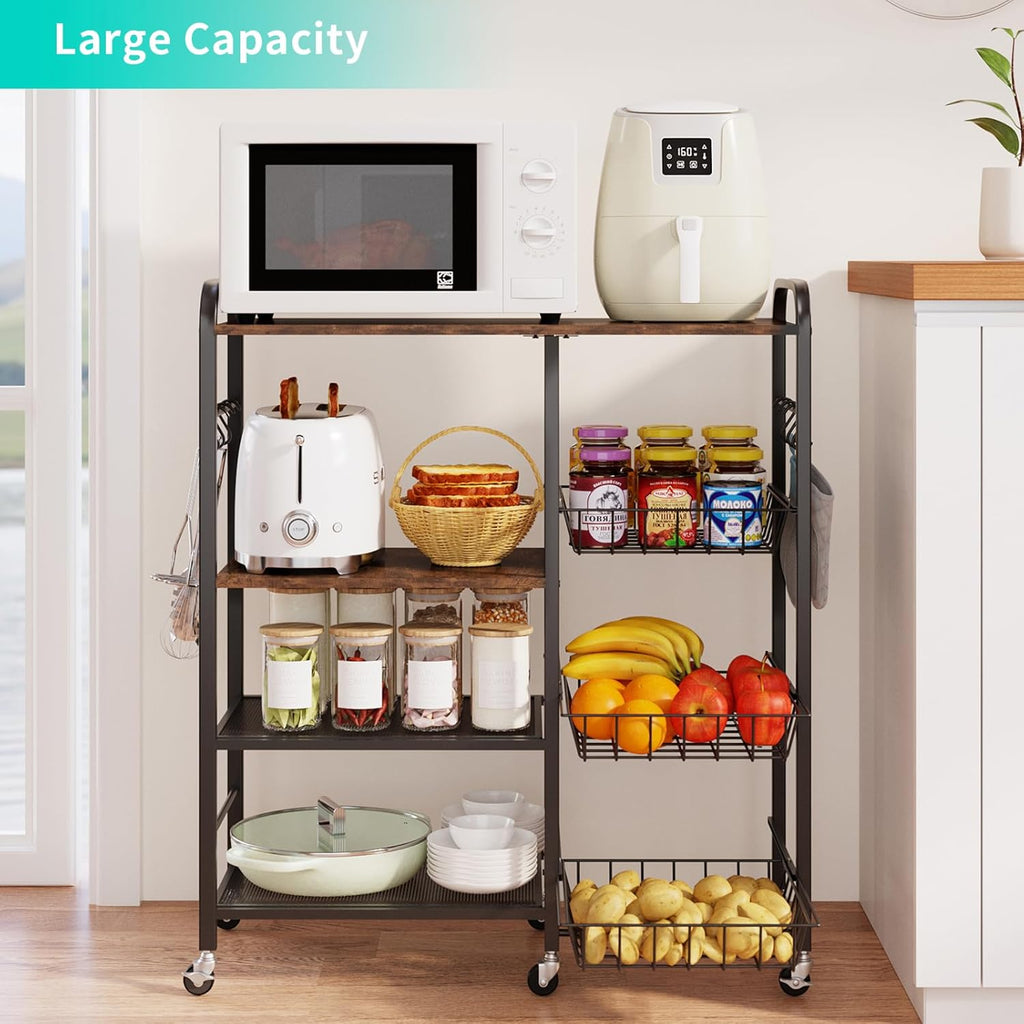 Rolling Kitchen Microwave Cart - 4 Tier Microwave Table Stand with Pull-Out Baskets, Coffee Bar Baker's Rack with Wheels