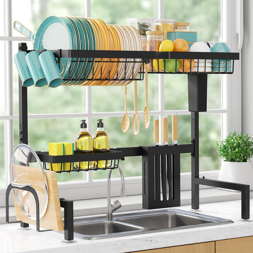 Over The Sink Dish Drying Rack - Adjustable 2 Tier Large Capacity Stainless Steel Drainer with Cutlery & Utensil Holders